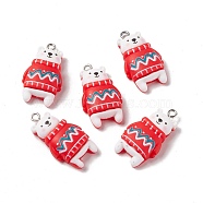 Christmas Theme Opaque Resin Pendants, with Platinum Tone Iron Findings, Bear with Sweater, Red, 28.5x16x7mm, Hole: 2mm(FIND-E025-21)