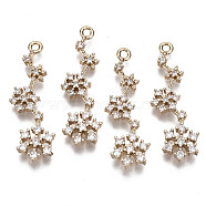 Brass Micro Pave Cubic Zirconia Pendants for Christmas, Long-Lasting Plated, Snowflake, Light Gold, Clear, 34x10.5x3mm, Hole: 1.6mm(KK-R111-038)