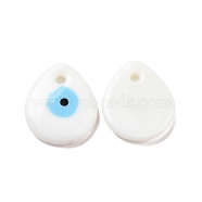 Handmade Lampwork Evil Eye Pendants, Flat Teardrop, White, 34x30x5mm, Hole: 4mm(LAMP-E106-01B)