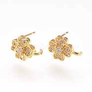 Brass Micro Pave Cubic Zirconia Stud Earring Findings, with Loop, Lead Free & Cadmium Free, Clover, Clear, Golden, 10x7.5x3mm, Hole: 1mm, Pin:0.6mm(KK-F753-07G-RS)