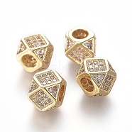 Brass Micro Pave Cubic Zirconia Beads, Polygon, Clear, Real 18K Gold Plated, 6.5~7x6.5~7x6.5~7mm, Hole: 3mm, Diagonal Length: 9mm(X-ZIRC-L088-01B-G)