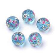 Printed Glass Beads, Round with Flower Pattern, Dodger Blue, 11~12x11mm, Hole: 1.5mm(X-GFB-Q001-12mm-E08)
