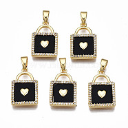 Brass Micro Pave Clear Cubic Zirconia Pendants, with Enamel, Nickel Free, Lock with Heart, Real 18K Gold Plated, Black, 17x11x2.5mm, Hole: 2.5x4.5mm(KK-T063-84-NF)