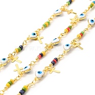 Enamel Heart with Evil Eye Link Chains, with Glass Seed Beaded and Real 18K Gold Plated Brass Cross Charms, Soldered, with Spools , Colorful, 10x5x3.5mm, 14x2.5mm(CHC-C003-03G)