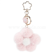 Flower Plush Pendant Keychain, with Alloy Finding for Keychain, Purse, Backpack Ornament, Pink, 15.4cm(KEYC-F039-02)