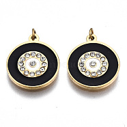 316 Surgical Stainless Steel Enamel Charms, with Jump Rings and Crystal Rhinestone, Real 14K Gold Plated, Flat Round, Black, 14x12x1.5mm, Jump Ring: 3.8x0.6mm, 2.6mm inner diameter(STAS-S116-380A-G)