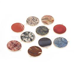Natural Mixed Gemstone Pendants, with Brass Findings, Flat Round, Golden, 32~34x28.5~31x2mm, Hole: 1.6mm(G-E526-10)