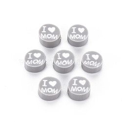 Handmade Polymer Clay Beads, Mother's Day Theme, Flat Round with Word I Love MOM, Light Grey, 8~9.5x3.5~4.5mm, Hole: 1.5mm(CLAY-T019-11F)
