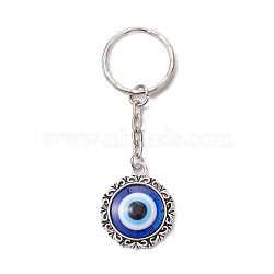 Flat Round with Evil Eye Alloy & Resin Keychain, with Iron Split Key Rings, Antique Silver, 7.8cm(KEYC-JKC00631)