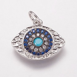 Brass Cubic Zirconia Pendants, Eye, Platinum, 13x15.5x2mm, Hole: 3mm(KK-P134-31P)