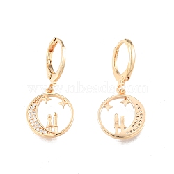 Clear Cubic Zirconia Moon with Couples Dangle Leverback Earrings, Brass Jewelry for Women, Cadmium Free & Nickel Free & Lead Free, Real 18K Gold Plated, 28mm, Pin: 1mm(EJEW-N012-63)