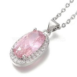 304 Stainless Steel Cable Chain Necklaces, Brass Clear Cubic Zirconia Oval Pendant Necklaces, Platinum & Stainless Steel Color, Pink, 17.52 inch(44.5cm)(NJEW-H040-19P-02)