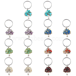 14Pcs 7 Style Chip Gemstone Keychain, with Antique Silver Plated Alloy Pendants and 316 Surgical Stainless Steel Split Key Rings, Tree, 55mm, 2pcs/style(KEYC-FH0001-17)