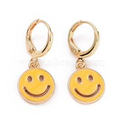 Hollow Out Smiling Face Enamel Hoop Earrings for Women, Double Side Light Gold Tone Alloy Dangle Earrings, Gold, 25mm, Pin: 0.7mm(EJEW-G304-01KCG-02)