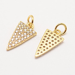 Brass Micro Pave Grade AAA Cubic Zirconia Charms, Long-Lasting Plated, Triangle, Cadmium Free & Nickel Free & Lead Free, Real 18K Gold Plated, 15x8x1.5mm, Hole: 3mm(X-ZIRC-G090-07G-NR)