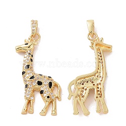Brass Micro Pave Cubic Zirconia Pendants, with Enamel, Giraffe Charm, Real 18K Gold Plated, 37x19x3.5mm, Hole: 3x4.5mm(ZIRC-I063-18G)