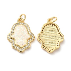 Rack Plating Brass Micro Pave Clear Cubic Zirconia Pendants, with Resin Imitation Opal, Cadmium Free & Lead Free, Long-Lasting Plated, Hamsa Hand/Hand of Miriam Charms, Real 18K Gold Plated, 20.5x15.5x3.5mm, Hole: 3.4mm(KK-C025-06G)