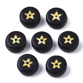 Opaque Acrylic Beads, Flat Round with Star, Black, Golden Plated, 7x4mm, Hole: 1.5mm, about 3600pcs/500g