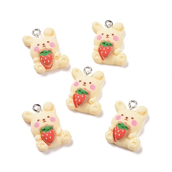Opaque Resin Pendants, with Platinum Tone Iron Loops, Rabbit with Strawberry Charm, Blanched Almond, 21x15x6.7mm, Hole: 2mm