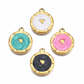 304 Stainless Steel Pendants, with Enamel, Flat Round with Heart, Golden, Mixed Color, 18x15x2.5mm, Hole: 1.4mm