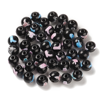 Printed Wood European Beads, Large Hole Beads, Round, Black, 16~16.5x14mm, Hole: 4.5mm