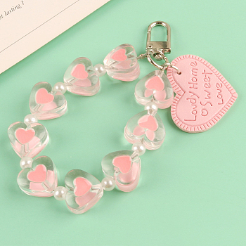 Imitation Leather Pendants Keychain, with Resin Beads and Alloy Findings, Heart with Word, Misty Rose, Heart: 3x3.8cm