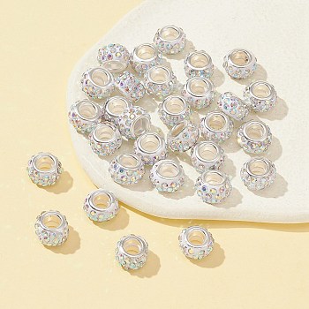 30Pcs Polymer Clay Rhinestone European Beads, Large Hole Beads, Rondelle, with Silver Color Plated Brass Cores, Crystal AB, 10~12x7~8mm, Hole: 5mm