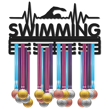 Iron Medal Holder, Medals Display Hanger Rack, 3 Line Medal Holder Frame, with Screws, Rectangle with Word Swimming, Sports Themed Pattern, 229x400mm