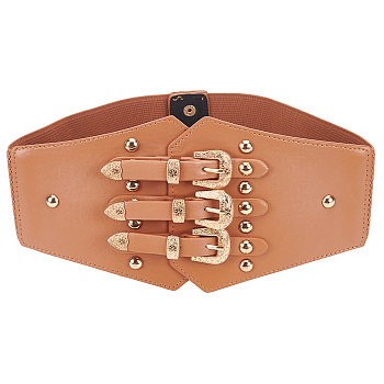 PU Leather Wide Elastic Corset Belts, Light Gold Alloy Clasp Lace-up Waist Belt for Women Girl, Peru, 28 inch(71cm)