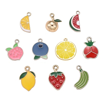 40Pcs 10 Style Fruit Theme Light Gold Plated Alloy Enamel Pendants, Lemon & Apple & Orange & Peach & Blueberry & Watermelon & Pomegranate & Strawberry & Banana Shape, Mixed Color, 40pcs/box