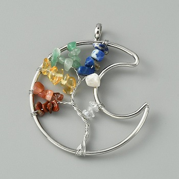 Moon Natural Mixed Gemstone Chip Bigs Pendants, Tree of Life Charm, with Iron Findings, Platinum, 59x52x6mm, Hole: 6mm