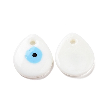 Handmade Lampwork Evil Eye Pendants, Flat Teardrop, White, 34x30x5mm, Hole: 4mm