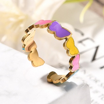 201 Stainless Steel Enamel Open Cuff Ring for Women, Golden, Butterfly, 6mm, Adjustable