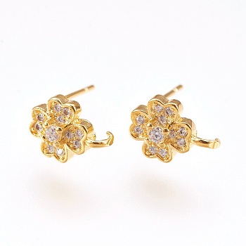 Brass Micro Pave Cubic Zirconia Stud Earring Findings, with Loop, Lead Free & Cadmium Free, Clover, Clear, Golden, 10x7.5x3mm, Hole: 1mm, Pin:0.6mm