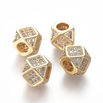 Brass Micro Pave Cubic Zirconia Beads, Polygon, Clear, Real 18K Gold Plated, 6.5~7x6.5~7x6.5~7mm, Hole: 3mm, Diagonal Length: 9mm