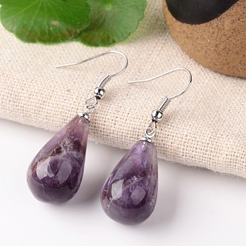 Natural Amethyst Teardrop Dangle Earrings, with Platinum Plated Brass Findings, 43mm, Pin: 0.7mm