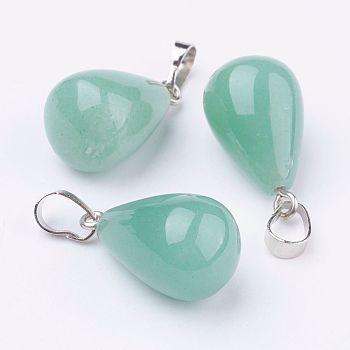 Natural Green Aventurine Pendants, with Platinum Tone Brass Findings, Drop, 24~24.5x14mm, Hole: 5x7mm
