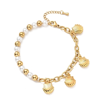 201 Stainless Steel Shell Shape Charm Bracelet, Plastic Pearl Beaded Bracelet with Vacuum Plating 304 Stainless Steel Cable Chains for Women, Golden, 7-1/2 inch(19cm)