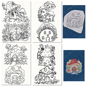Non-Woven Water Soluble Embroidery Patterns, Wash Away Embroidery Stabilizer, Stick and Stitch Embroidery Paper, Mushroom House, 297x210mmm, 4pcs/set