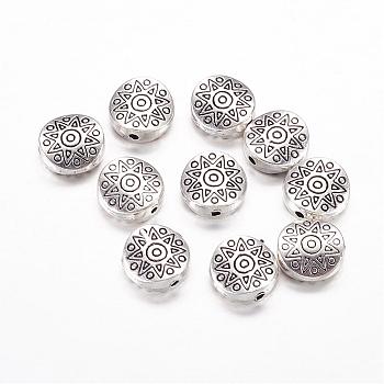 Tibetan Style Alloy Beads, Cadmium Free & Nickel Free & Lead Free, Flat Round with Star, Antique Silver, about 10mm in diameter, 4mm thick, hole: 1.5mm