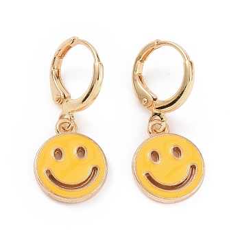 Hollow Out Smiling Face Enamel Hoop Earrings for Women, Double Side Light Gold Tone Alloy Dangle Earrings, Gold, 25mm, Pin: 0.7mm