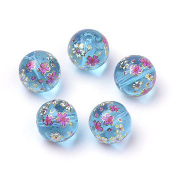 Printed Glass Beads, Round with Flower Pattern, Dodger Blue, 11~12x11mm, Hole: 1.5mm