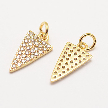 Brass Micro Pave Grade AAA Cubic Zirconia Charms, Long-Lasting Plated, Triangle, Cadmium Free & Nickel Free & Lead Free, Real 18K Gold Plated, 15x8x1.5mm, Hole: 3mm