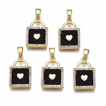 Brass Micro Pave Clear Cubic Zirconia Pendants, with Enamel, Nickel Free, Lock with Heart, Real 18K Gold Plated, Black, 17x11x2.5mm, Hole: 2.5x4.5mm