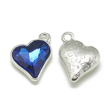 Alloy Glass Pendants, Faceted, Heart, Platinum, Royal Blue, 17x15x5mm, Hole: 1.5mm