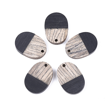 Resin & Wenge Wood Pendants, Oval, Black, 25x18x3~4mm, Hole: 2mm