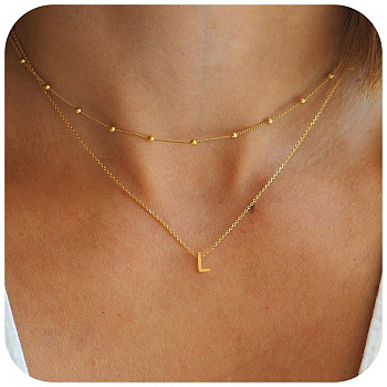 Bohemian Style Stainless Steel Double Layer Initial Pendant Necklaces, Golden, Letter L, 15.75~19.69 inch(40~50cm)