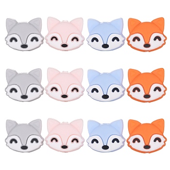 12Pcs 4 Colors Cartoon Fox Silicone Beads, Chewing Beads For Teethers, DIY Nursing Necklaces Making, Mixed Color, 26.5x24x9.5mm, Hole: 3mm