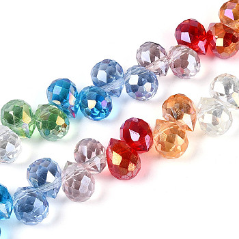 Electroplate Transparent Glass Beads Strands, Teardrop, Top Drilled Beads, Faceted, Mixed Color, 10~11x7.5~8mm, Hole: 0.9~1mm, about 64pcs/strand, 15.55 inch(39.5cm)