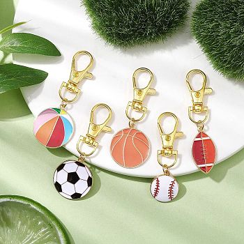 Sports Ball Alloy Enamel Pendant Decoration, with Alloy Swivel Lobster Claw Clasps, Mixed Color, 58~66.5mm, 5pcs/set